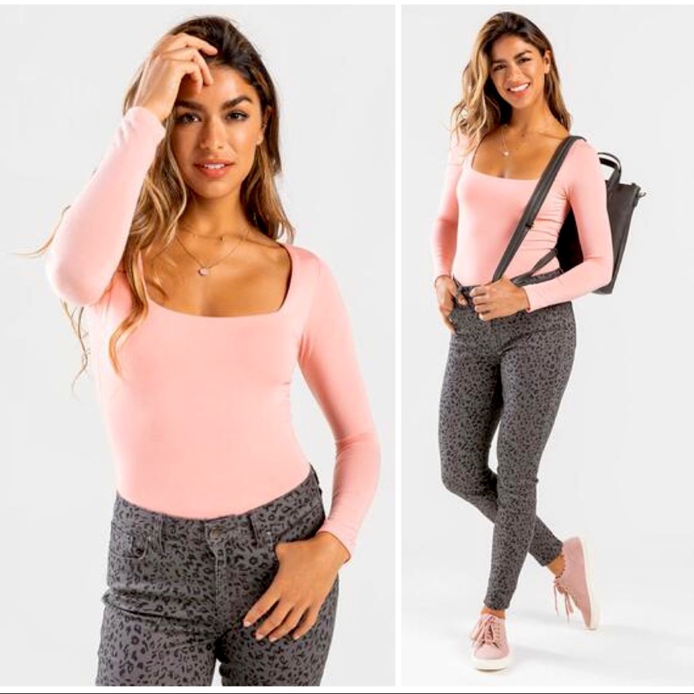 Francesca’s - Ella Square Neck Bodysuit - Pink